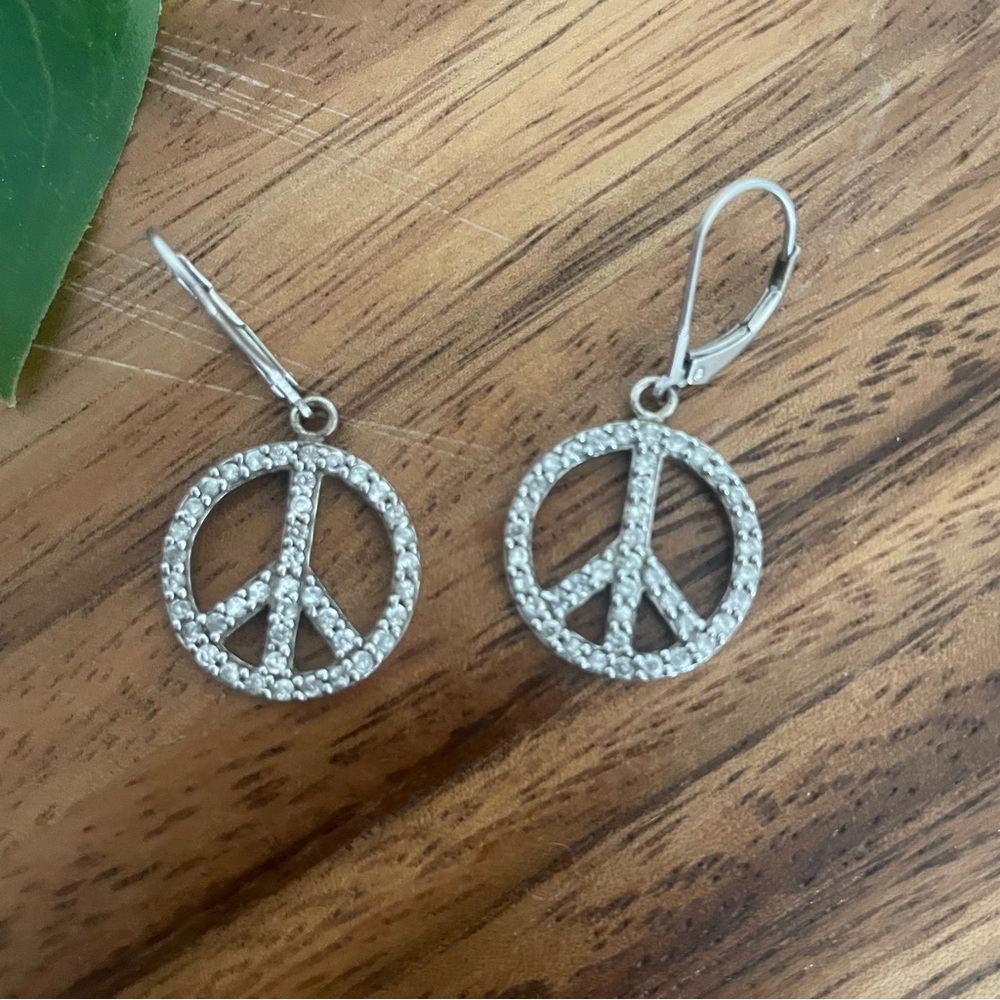 Silver Hippie Boho rhinestone bedazzled Peace Sign Dangle Earrings - Picture 6 of 9